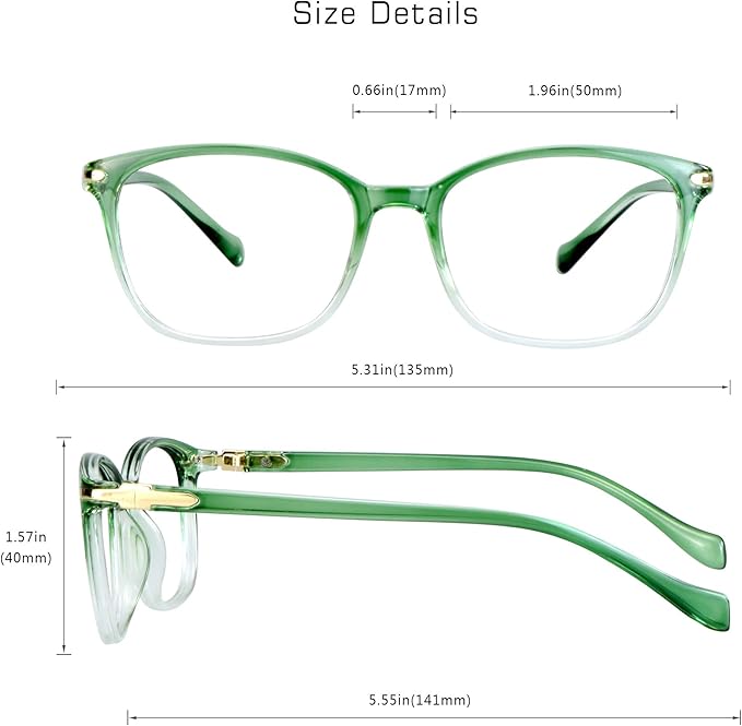 VisionGlobal Blue Light Blocking Glasses for Women, Anti Eyestrain, Computer Reading, TV Glasses, Stylish Square Frame, Anti Glare(Clear Green,+3.50 Magnification)