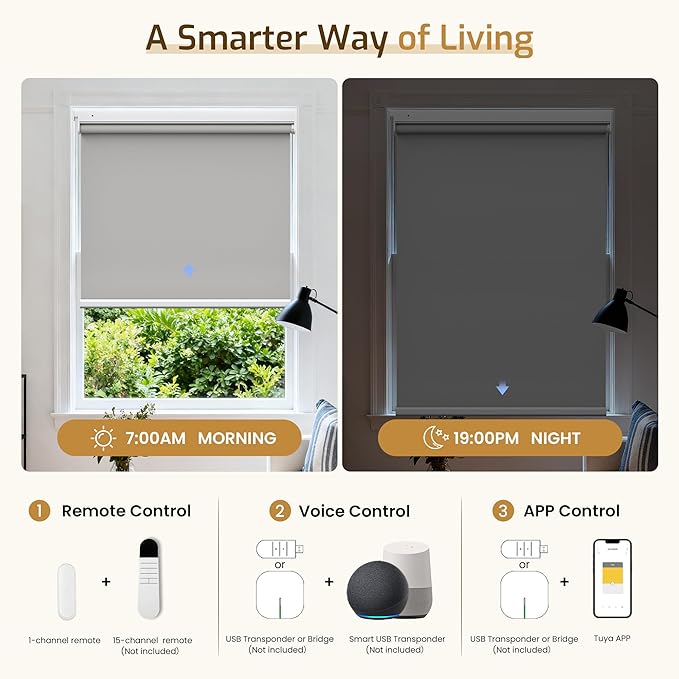 Grandekor No Drill Motorized Roller Blinds with Remote Control - Gray-Blackout 32.5 * 64 Motorized Blinds | Smart Electric Shades Compatible with App & Voice Control for Living Room
