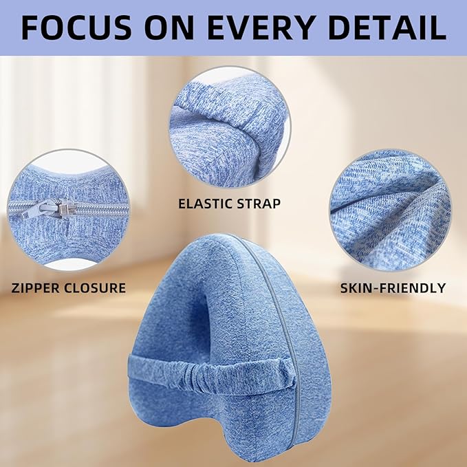 Knee Pillow for Side Sleepers, Alignment Pillows for Side Sleepers， Memory Foam Leg Pillow with Sleeping revoget Alignment Pillow for Soothing Pain Relief for Sciatica - Adjustable Strap (Blue)