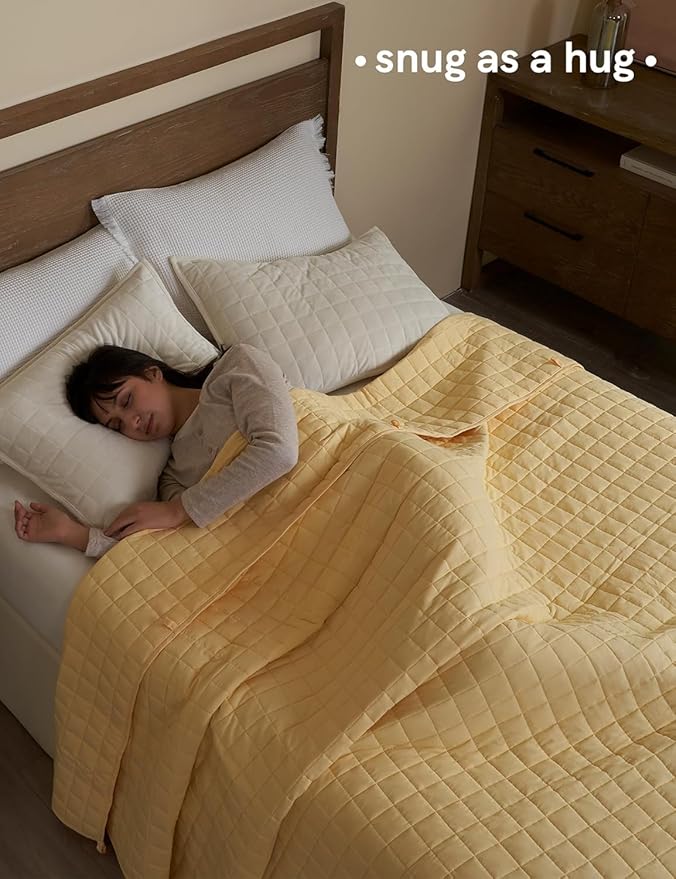 YnM 20lbs Weighted Blanket for Adults, Heavy Bed Throw Blanket with Cooling Glass Beads for All Season Use, Ideal for ~190lbs (60x80 Inches, Queen, Pastel Yellow)