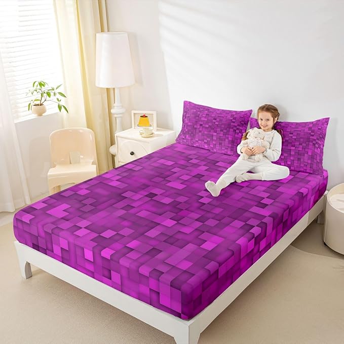 Pixel Grid Kids Queen Size Fitted Sheet,Pixelated Video Game Gamepad Boys Girls Bed Sheets,Geometric Square Gaming Room Decor,Red Bedding Set,2 Pillowcases(No Flat)
