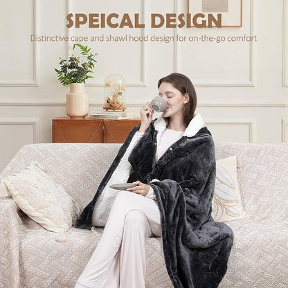 Wearable Heated Blanket, 40"x70" Eletric Throw with 6 Heating Levels and 12 Hours Timer, Heated Wrap Poncho Shawl & Hoodies with Pockets, Machine Washable with ETL Certification, Gray