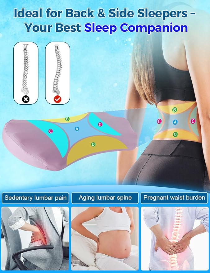 Lumbar Support Pillow for Bed – Memory Foam Lower Back Pain Relief Pillow for Sleeping, Ergonomic Lumbar Pillow for Side & Back Sleepers, Sciatica & Hip Pain Relief, Washable Cooling Cover