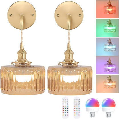 Battery Operated Wall Sconce with Amber Striped Shade Pattern Glass Adjustable Chain Retro Gold Wall Mounted Light, Modern Wall Decor for Bedside Bedroom Indoor Doorway， Set of 2