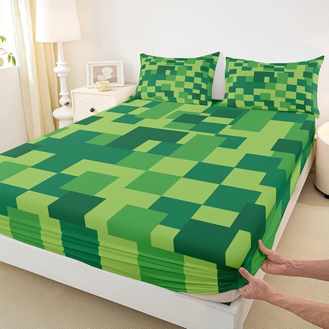 Pixelated Blocks Kids Full Size Fitted Sheet,Patchwork Square Video Games Room Decor,Abstract Geometric Grid Boys Girls Bed Sheets,Green Bedding Set,2 Pillowcases(No Flat)