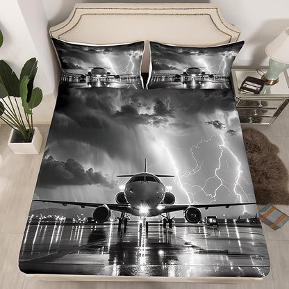 Airplane Bed Sheet Set Twin Size,3D Print Lightning Sky Print Gray Sheet Set,Aviation Plane Aircraft Modern Bedding Set with 1 Flat & 1 Fitted Sheet with 1 Pillow Sham