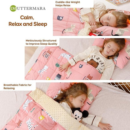 Uttermara Weighted Blanket 5 lbs, Ultra Cozy Minky Fleece and Cotton Sided with Cartoon Patterns, Reversible Heavy Blanket Great for Sleeping, 36x48 inches, Pink Cat