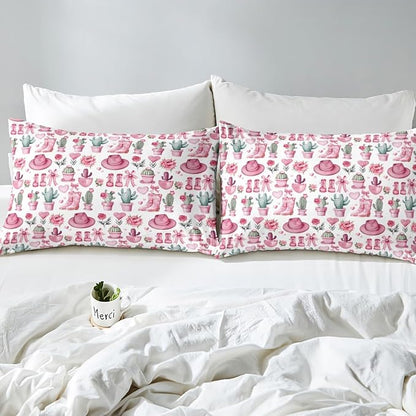 Cowgirl Boots Bedding Set Full Size,American Western Tribal Hats Desert Cactus Fitted Sheet,Dreamy Pink Bowknots Roses Flowers Sheet Set for Kids Teens Adults Bedroom Decor,2 Pillowcases
