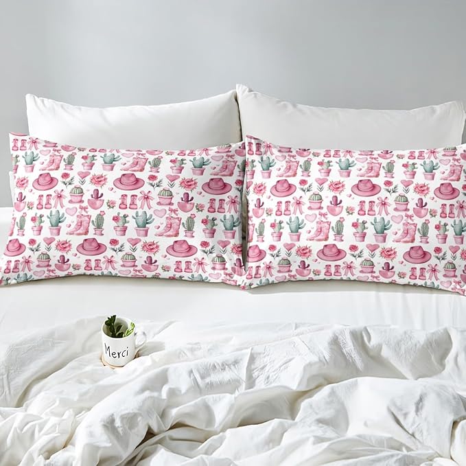 Cowgirl Boots Fitted Sheet Twin Size,American Western Tribal Hats Desert Cactus Bed Sheet with 1 Pillowcase,Dreamy Pink Bowknots Roses Flowers Soft Decorative Fabric Bedding,Room Gift
