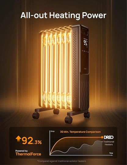 DREO Oil Filled Radiator, Electric Radiant Heaters for indoor use Large Room with Remote Control, Child Lock, 4 Modes, Overheat & Tip-Over Protection, 24h Timer, Digital Thermostat, Quiet, 1500W
