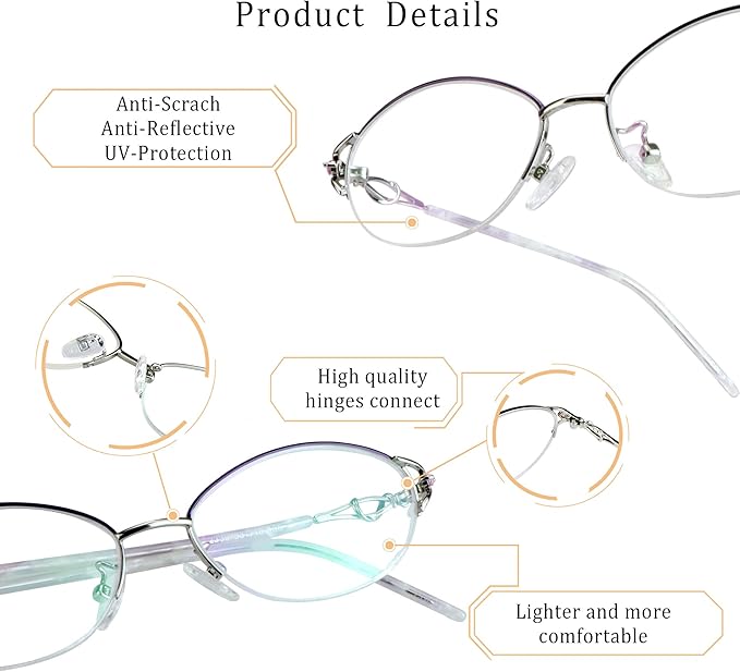 LifeArt Alloy Semi-Rimless Reading Glasses,Blue Light Blocking Glasses, Anti Eyestrain, Computer Gaming Glasses, TV Glasses for Women Men, Anti Glare (Purple Silver, +1.25 Magnification)