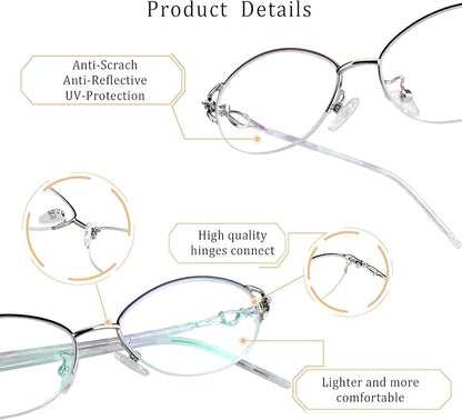 LifeArt Alloy Semi-Rimless Reading Glasses,Blue Light Blocking Glasses, Anti Eyestrain, Computer Gaming Glasses, TV Glasses for Women Men, Anti Glare (Purple Silver, +1.25 Magnification)