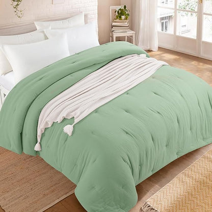 HOMBYS 100% Cotton Muslin Comforter Oversized King 120x120, Lightweight and Breathable Down Alternative Comforter,Soft Gauze Summer Sage Green Reversible Fluffy Duvet Insert