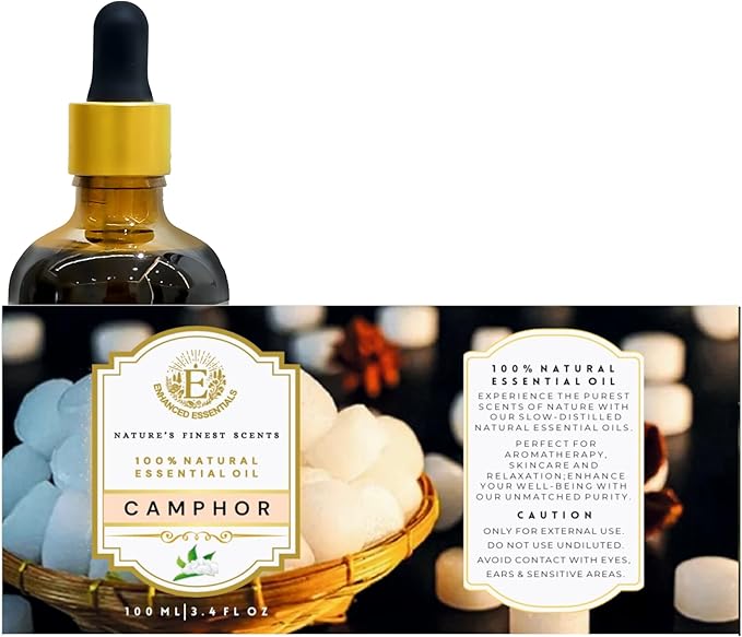 Luxurious Camphor Essential Oil by Enhanced Essentials| Slow Distilled & Pure| for Home Cleaning,Diffusers,Aromatherapy,Bath,Massage,Soap & Candle Making| 3.38 fl oz (100 ml)