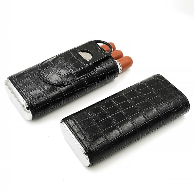 Black Cigar Case with Cutter - Portable Leather Travel Cigar Holder and Small Humidifier Kit for Men