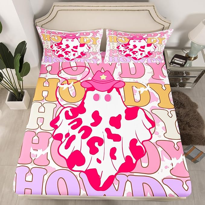 Western Ghost Fitted Sheet Queen Size Tribal Cowgirl Hat Cute Ghost Halloween Bedding Sheet Set,Rustic Pink Cowhide Kawaii Cow Fur Print Bed Cover Ultra Soft Breathable Bedding 3 Pcs
