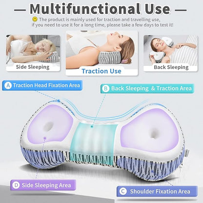 Neck Support Pillow, Cervical Neck Roll Memory Foam Pillow, Cervical Traction Device, Neck Pillow for Side Sleepers, Camping & Travel Pillow with Portable Bag