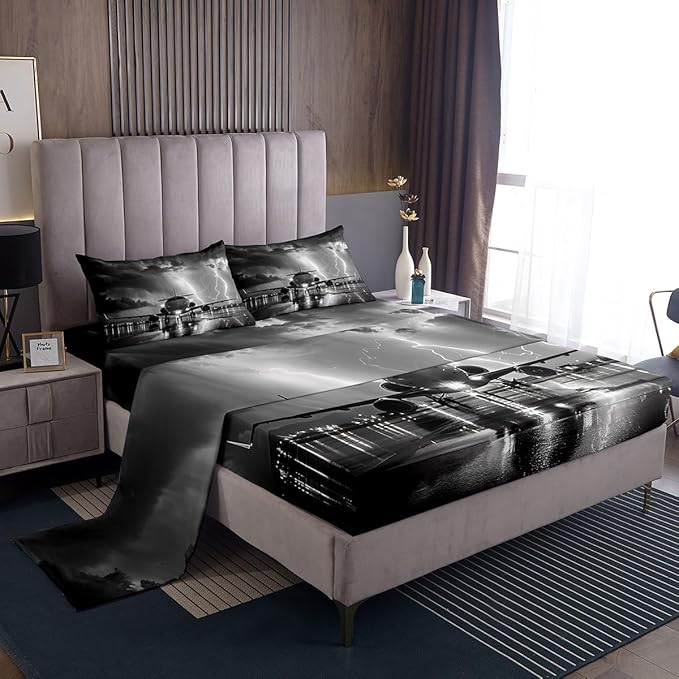 Airplane Bed Sheet Set 2 Pillowcases,3D Print Lightning Sky Print Gray Sheets Set,Aviation Plane Aircraft Modern Sheet Sets with Deep Pocket,Top Flat Sheet,King Size