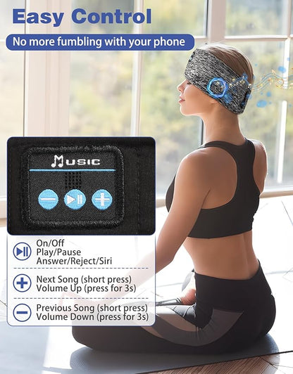 Adjustable Sleeping Headphones, 2-Pack Headband Headphones with Fastener, Bluetooth Headband with Thin Speakers Mic for Men Women, Yoga, Running, Workout, Travel - Black&Gray