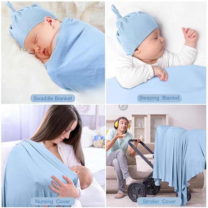 JaGely 2 Pcs Stretchy Baby Swaddle Blankets Set Extra Soft 47" x 47" Baby Newborn Swaddle Blanket and Hat(Light Gray, Light Blue)