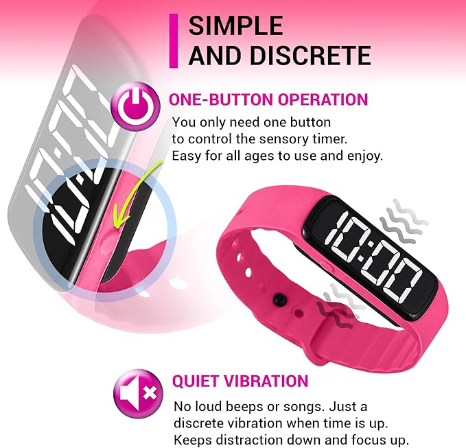Sensory Wrist Timer for Kids, Teachers, Students, Simple Reminder Watch with Silent Alarm Clock Wristband, Classroom Countdown (Pink)