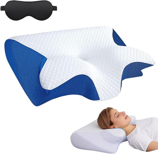 Pillow for Sleep Apnea, Cervical Neck Traction Pillow, 2-in-1 Orthopedic Memory Foam Pillows for Neck Pain Relief, for All Sleeping Positions, Breathable and Not Stuffy (Blue)