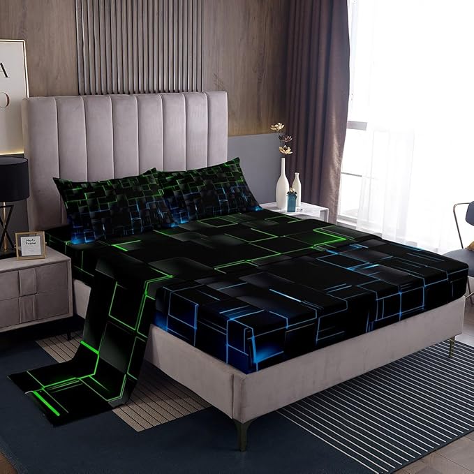Manfei Green and Blue Sheet Set Queen Size, Abstract Geometric Bedding Set for Kids Boy Girls Adults, Black Square Lattice Bed Sheet Set 4pcs with Deep Pocket Fitted Sheet + Flat Sheet + 2 Pillowcases