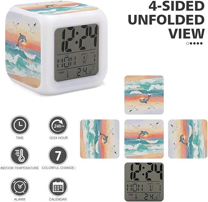 Ocean Waves Sunrise Digital Alarm Clock Color Change LED Digitals Clock with Battery Operated Modern Smart Alarm Clocks Wake Up Digital Clocks with 7 Color Nightlight for Bedroom