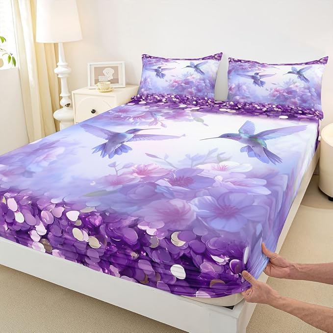 Hummingbird Kids Twin Size Fitted Sheet,Floral Lilac Flower Animal Boys Girls Bed Sheets,Spring Romantic Dreamy Room Decor,Purple Bedding Set,1 Pillowcase(No Flat)
