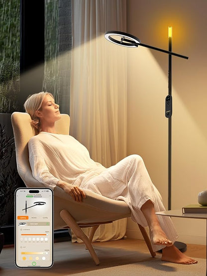 GLOWRIUM Smart Light Therapy Lamp, 10000 Lux UV-Free Sun Lamp, 2700-6500K Floor Lamp Therapy Light, Stepless Dimmable Energy Sunlight with App & Remote, Timer, Cozy Light Settings for Winding Down