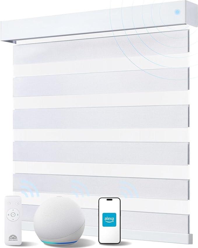 Smart Zebra Blinds for Windows, Alexa Motorized Blinds with Remote Control, Automatic Electric Power Zebra Shades for Indoor Windows (47" W x 72" H, White)