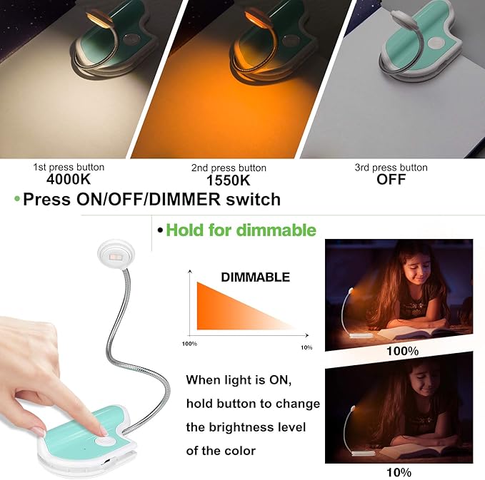 Amber Book Light - Clip On, 2 Modes, Blue Light Blocking for Eye Care, Small Bookmark Light for Kids - White