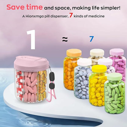 Pill Dispenser with 7 Large Compartments, Pill Organizer for Travel, Supplement Organizer with Anti-Mixing Design, BPA-Free Pill Container with 20 Pcs Labels, Black+ Pink