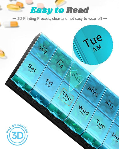 7 Day Extra Large Pill Organizer 2 Times a Day, Weekly Pill Box Twice a Day, XL AM PM Pill Case, Oversized Daily Medicine Organizer for Vitamin, Big Pill Container (Cyan)