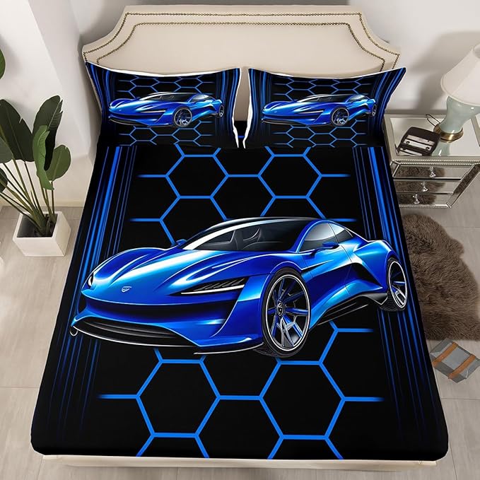 Blue Race Car Fitted Sheet,Honeycomb Geometric Soft Decorative Fabric Bedding Extreme Sports Theme Pocket Twin Size with 1 Pillowcase