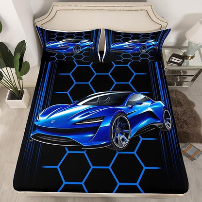 Blue Race Car Fitted Sheet,Honeycomb Geometric Soft Decorative Fabric Bedding Extreme Sports Theme Pocket Twin Size with 1 Pillowcase
