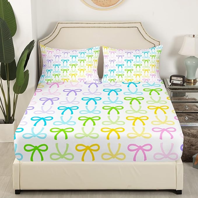 Cute Bowknot Fitted Sheet Set with 2 Pillowcase,Cartoon Princess Style Bowknot Striped Microfiber Mattress Cover,Watercolor Rainbow Gradient Bow-tie Bed Cover Queen Size