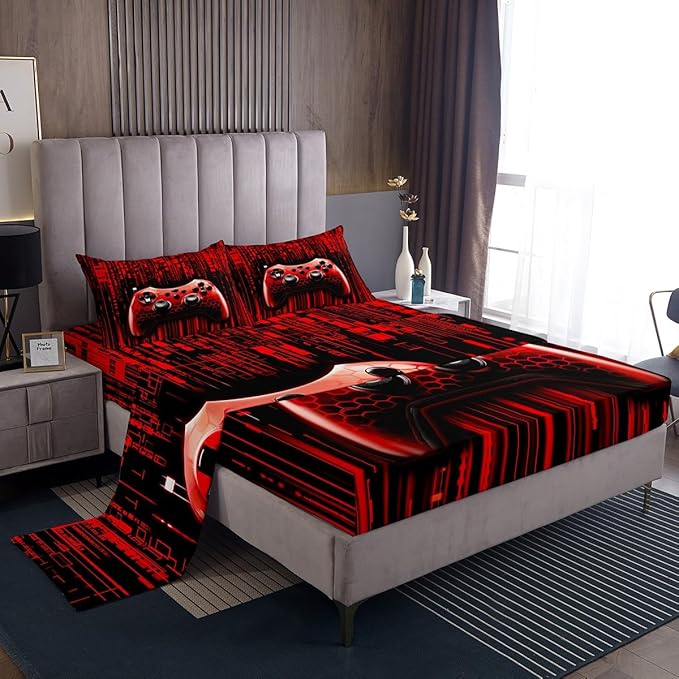 Manfei Gaming Gamepad Kids Sheet King Size,Neon Light Geometric Honeycomb Hexagon Bedding Set,Boys Girls Room Decor,Modern Videogames Controller Red Bed Sheet Set 4pcs(Fitted + Flat + 2 Pillowcases)