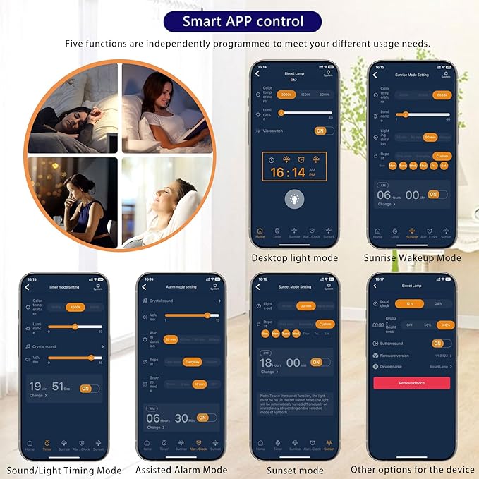 Sunrise Alarm Clock Wake Up Light - 3 Color LED Lamp with Sound & Light Awakening, Bioclock Adjustment & APP Control, Moon-Shaped Linen Lamp Shade for Bedroom Bedside
