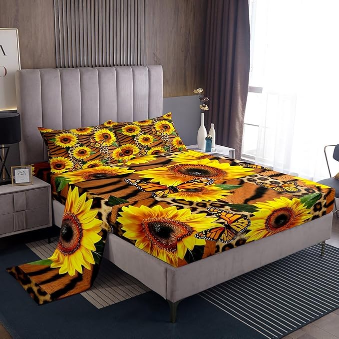 Manfei Brown Leopard Print Sheet Set Queen Sunflower Butterfly Bedding Set for Kids Teens Room Decor,Plant Animal Soft Bed Sheet Set 4pcs with Deep Pocket Fitted Sheet + Flat Sheet + 2 Pillowcases