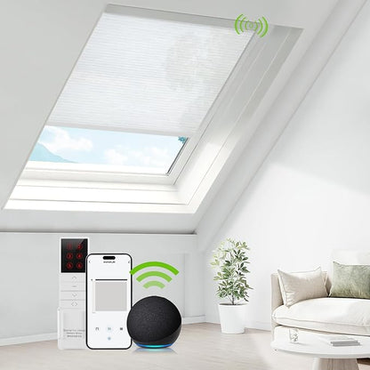 ZSTARR Motorized Skylight Shades Blackout Cellular Honeycomb Electric Blinds with Solar Panel Cordless Rechargeable with Remote for Roof and Slanted Windows Custom Size (Sheer White Metal)