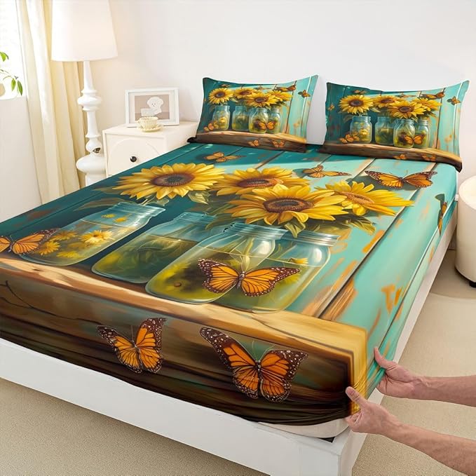 Sunflower Kids Twin Size Fitted Sheet,Flower Farmhouse Floral Boys Girls Bed Sheets,Rustic Butterfly Wooden Room Decor,Yellow Green Bedding Set,1 Pillowcase(No Flat)