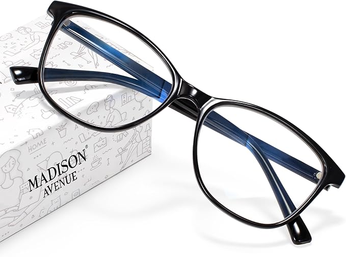 Madison Avenue Blue Light Blocking Glasses Anti Eyestrain UV Glare Blue Light Glasses for Women TV Phone Computer Gaming Eyeglasses (Black)