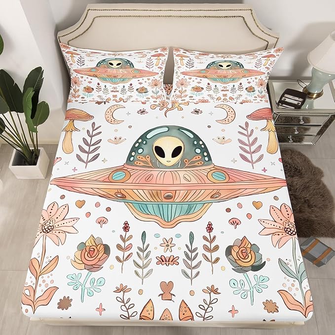 Alien Fitted Sheet,Nature Botanical Plants Mushroom Flowers White Soft Decorative Fabric Bedding Glitter Galaxy Pink Spaceship Outer Space Pocket Twin Size with 1 Pillowcase