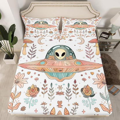 Alien Fitted Sheet Queen Size,Nature Botanical Plants Mushroom Flowers White Soft Bed Cover(1 Fitted Sheet+1 Pillow Case),Glitter Galaxy Pink Spaceship Outer Space Breathable Mattress Cover