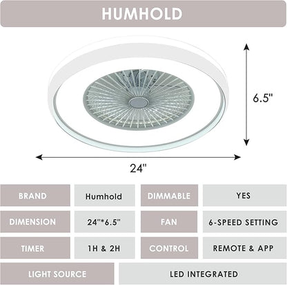 24" Bladeless Ceiling Fan with Light Remote, Smart LED Ceiling Fans with App Control, Modern Low Profile Dimmable Light Ceiling Fan for Bedroom Living Room White