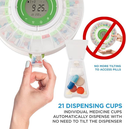 LiveFine Automatic Pill Dispenser with Removable Cups, 21 Compartments, 9 Dosage Rings, Alarm Reminder, LCD Display, Sound & Light Alerts, Locking Key for Vitamins, Supplements, Medications & Seniors
