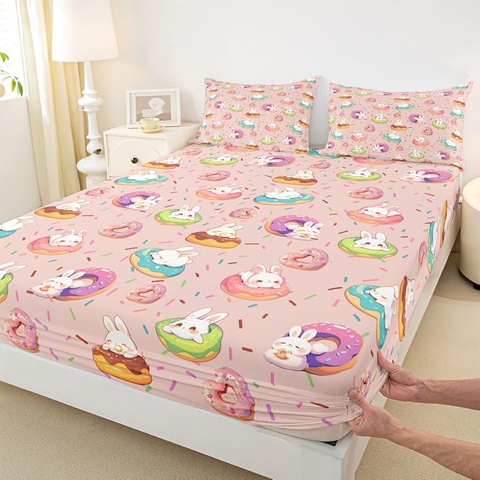 Kawaii Rabbit Bed Sheet Full Size Doughnut Dessert Happy Easter Bedding Set Cute Cartoon Animal Fitted Sheet Kids Boys Girls Room Decor Pink Colorful Soft Sheets with 2 Pillowcase,No Top Flat