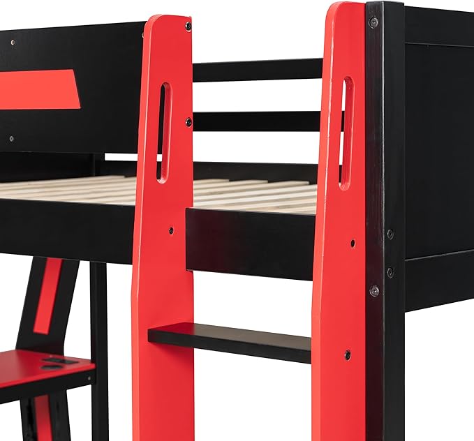 Wooden Bunk Bed with Desk & Charging Station & RGB Light Strip,Full Size Gaming Bunk Bed Frame with Storage Shelves,Safety Guardrails & Ladder for Kids Teens Adults Bedroom,Under-Bed Space,Red