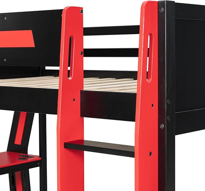 Wooden Bunk Bed with Desk & Charging Station & RGB Light Strip,Full Size Gaming Bunk Bed Frame with Storage Shelves,Safety Guardrails & Ladder for Kids Teens Adults Bedroom,Under-Bed Space,Red
